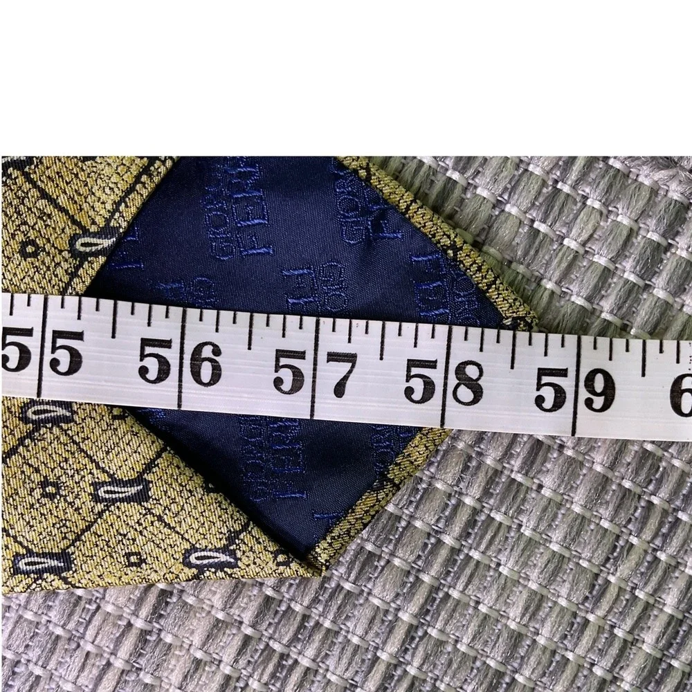 Giorgio Ferri Mens Silk Tie Yellow Paisley Geometric Grid Italy Gold Navy 58x3.7